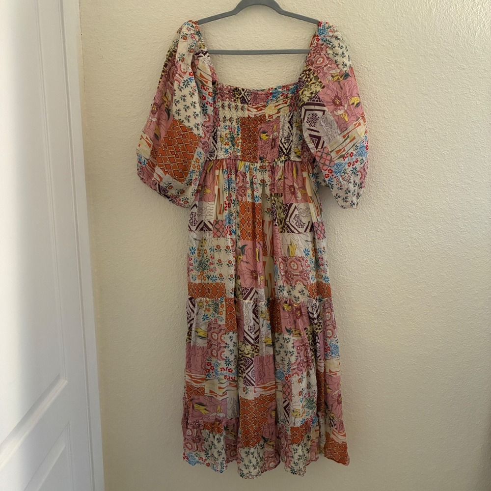Fate Patchwork Smocked Midi Dress Womens Size M Pink Yellow Cottagecore Boho
